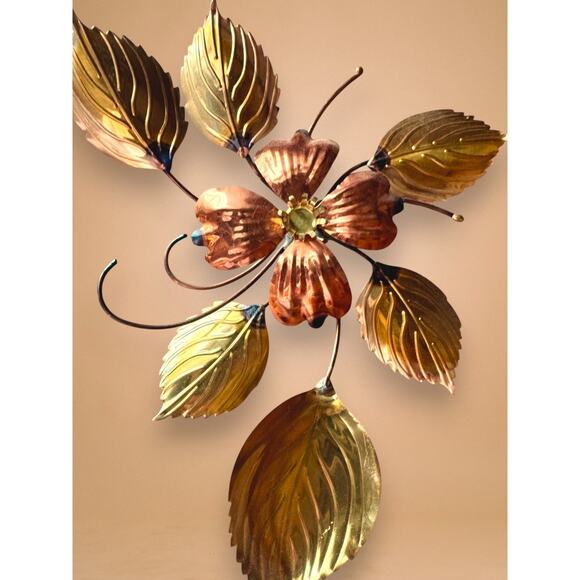 MCM Brass and Copper Ivy Leaf Wall Art Set of 4 Branch and Flower Sculptures - Picture 3 of 12